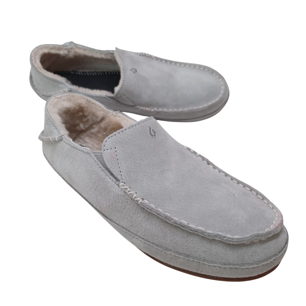 Olukai Nohea Slipper Womens 8 Pale Grey‎ Leather Sheepskin Fur 20269-PGPG Shoes